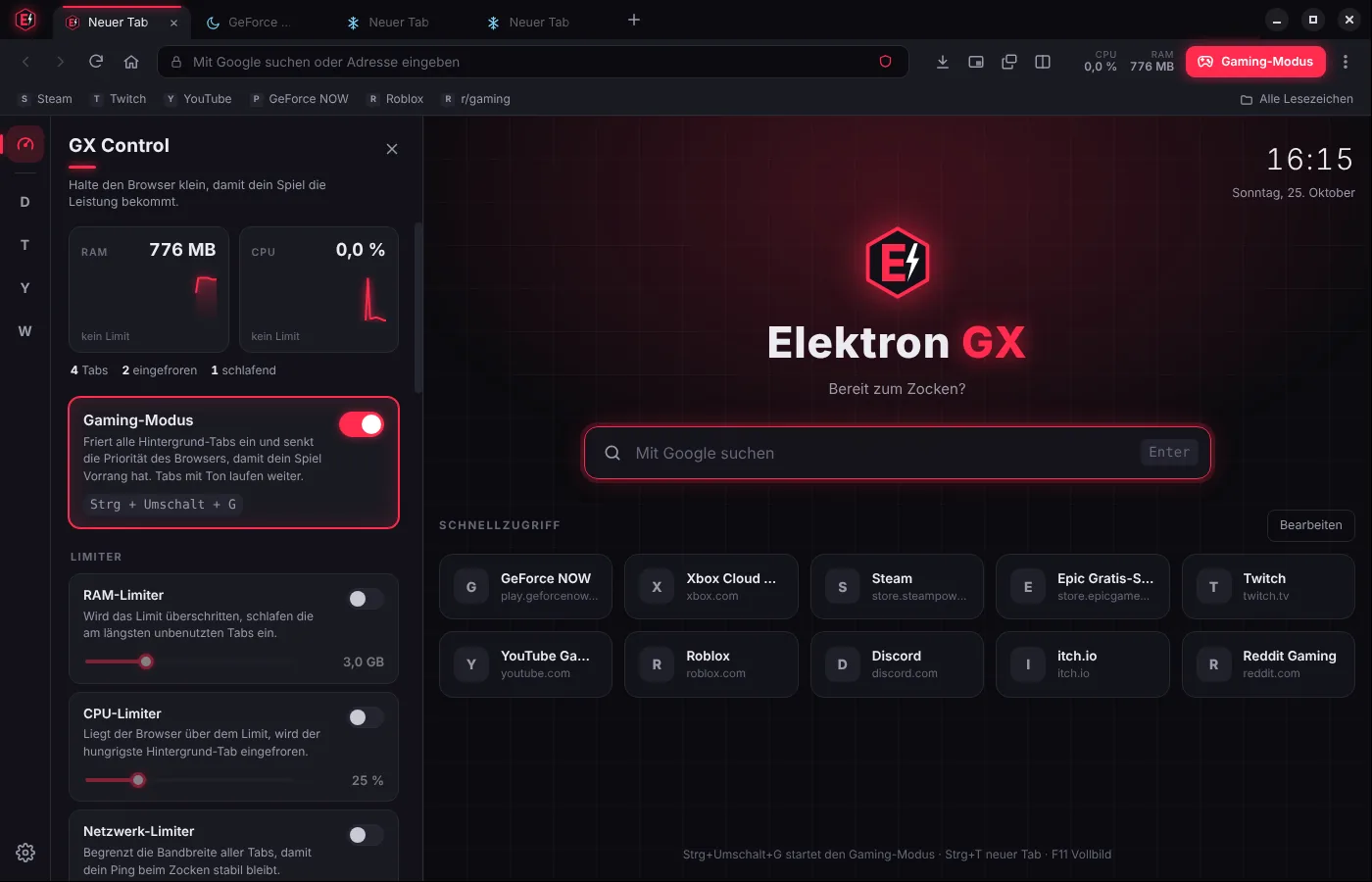 Elektron GX mit GX Control und eingeschaltetem Gaming-Modus